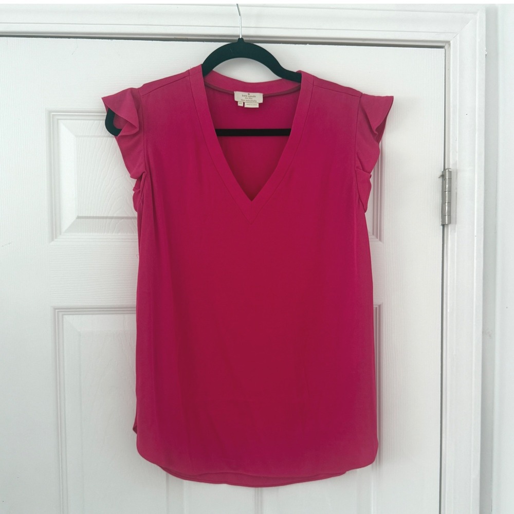 Kate Spade New York Women's Fuchsia V Neck Flutter Sleeve Top XS Viscose